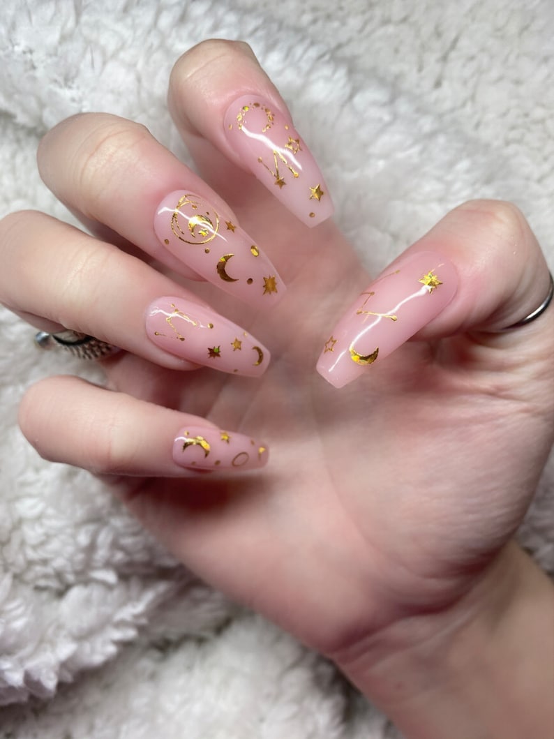 STAR-CROSSED Sheer Pink Press On Nails with Gold Constellation Moon and Stars NeutralNude Nails Coffin Ballerina Glue On Fake Nails image 2