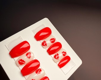 SMALL | Ready To Ship Kiss Print Nails | Red Valentines Day Nails |  Handpainted Nail Set | Red Nails Gel Nails Short Coffin