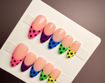 EXTRA SMALL | Neon Rainbow Polkadot Press On Nails | Medium Almond | Ready to Ship Nail Set | Magpie Nails