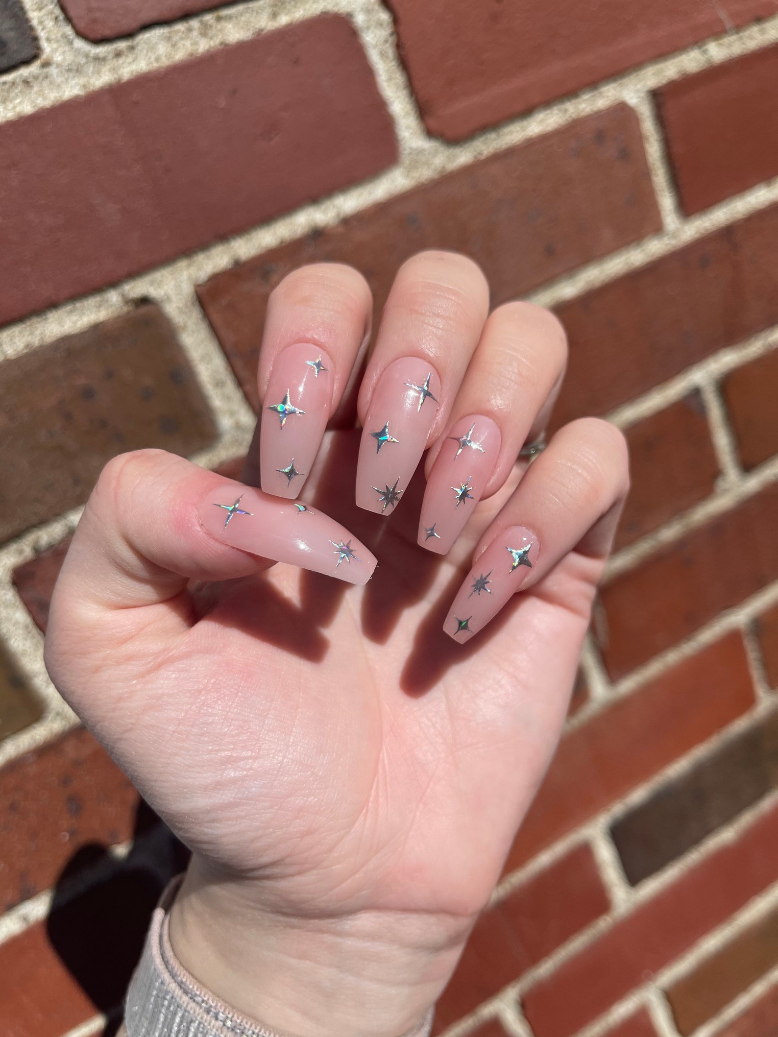 TWINKLE Pale Pink Press on Nails With Silver Holographic | Etsy