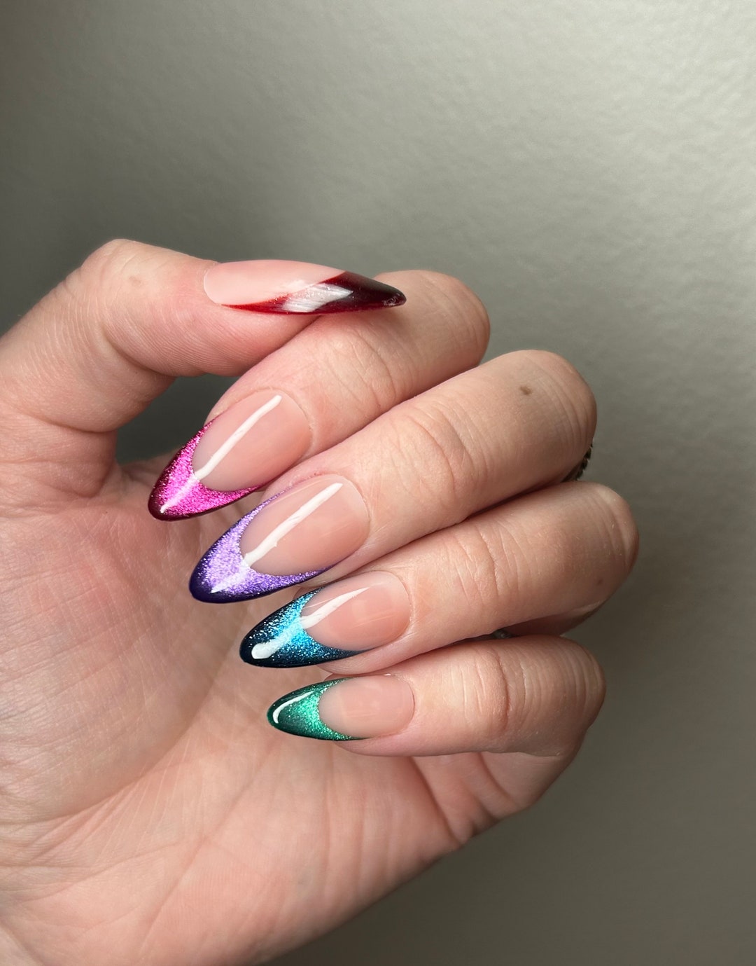 GEMSTONE Colorful Velvet Cat Eye French Tip Press on Nails Rainbow Tip
