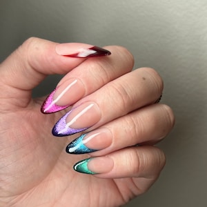 GEMSTONE | Colorful Velvet Cat Eye French Tip Press On Nails | Rainbow Tip Nails | Gel Press On Nails | Magpie Nails