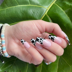 MOOMOO | Cow Print French Tip Press On Nails | Cow Nails | Animal Print Nails | Glue On Fake Nails :’| Long coffin Nails