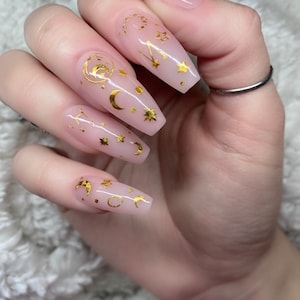 STAR-CROSSED Sheer Pink Press On Nails with Gold Constellation Moon and Stars NeutralNude Nails Coffin Ballerina Glue On Fake Nails image 1