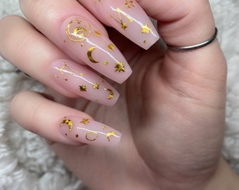 STAR-CROSSED | Sheer Pink Press On Nails with Gold Constellation Moon and Stars | NeutralNude Nails | Coffin Ballerina | Glue On Fake Nails