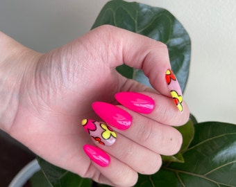 FLORA | Prensa de flores retrô nas unhas | Unhas Rosa Neon Laranja e Amarelo | Unhas de verão | Unhas de gel de alta qualidade | Conjunto de unhas neon