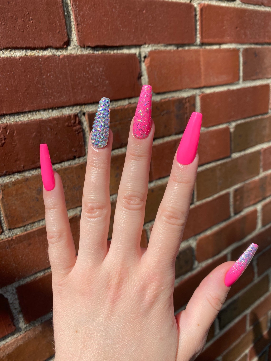DUCHESS Bright Pink Press on Nails With Bling and Sliver | Etsy