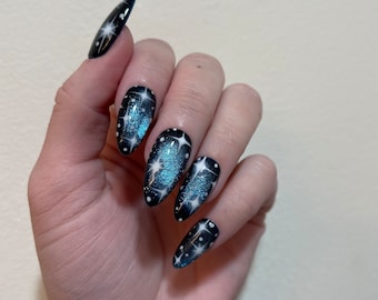 GALAXY • Deep Blue Star Press On Nails with Handpainted Star and Aura Accents | Cat Eye Nails | Witchy Nails | Almond Stiletto Coffin Square