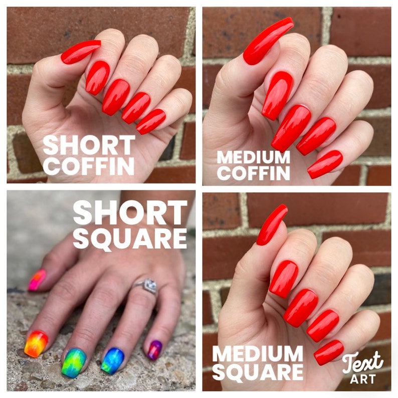May include: Four different nail shapes are shown: short coffin, medium coffin, short square, and medium square. The nails are painted a bright red color. The image also shows a hand with rainbow-colored nail art.