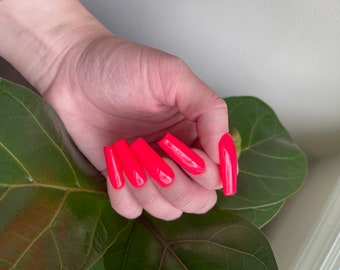 DAIQUIRI | Unhas postiças rosa coral neon | Unhas de verão | Conjunto de unhas neon | Unhas quadradas amêndoa caixão | Unhas coladas | Gel de alta qualidade