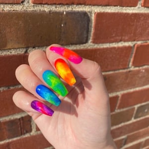 FADED - Rainbow Effect Tie Dye Press On Nails | Neon Press on Nails | Coffin Nails Ballerina Nails | Glue on Nails | False Nails