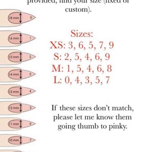 May include: A chart showing nail sizes in millimeters, with corresponding sizes for XS, S, M, and L. The chart includes a measurement guide for each size, with a fingernail illustration for each size. The text reads: "Using a soft measuring tape, measure across the widest part of your natural nail. With the chart provided, find your size (fixed or custom). Sizes: XS: 3, 6, 5, 7, 9 S: 2, 5, 4, 6, 9 M: 1, 5, 4, 6, 8 L: 0, 4, 3, 5, 7 If these sizes don't match, please let me know them going thumb to pinky. MAGPIE NAILS"