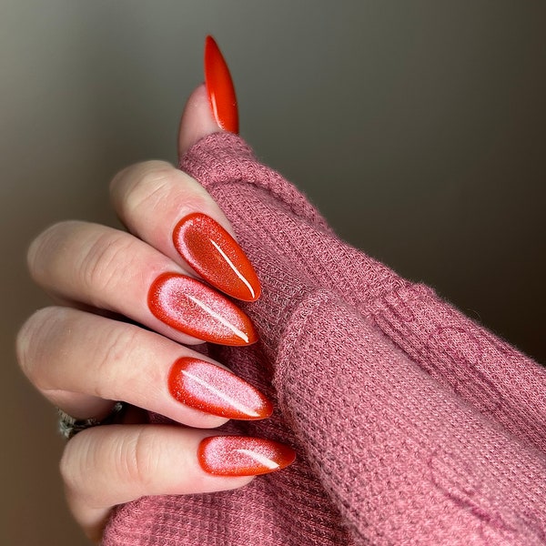 CLEMENTINE | Orange Coral Velvet Press On Nails | Bright Nails | Cat Eye Nails | High Quality Gel Nails | Witchy Nails | Long Nails