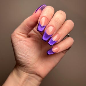 MYSTERY | Violet Velvet French Tip Press On Nails | Witchy Nails | Pale Pink Nails | Coffin Stiletto Almond Nails | False Glue In Nails |