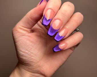 MYSTERY | Violet Velvet French Tip Press On Nails | Witchy Nails | Pale Pink Nails | Coffin Stiletto Almond Nails | False Glue In Nails |