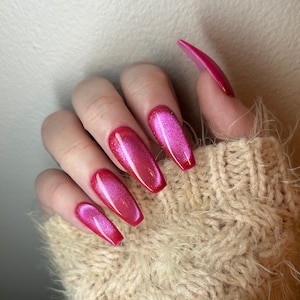 SWOON | Hot Pink Velvet Press On Nails | Cat eye  Nails | Cat Eye Nails | High Quality Gel Nails | Witchy Nails | Long Nails