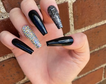 SIREN - Glossy Black Press On Nails with Holo Glitter and Bling Accents | Press Ons | Black Nails | Glue On Nails |