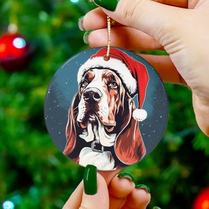 Basset Hound with Santa Hat Scene 3&quot; Ceramic Ornament, Basset Hound ornament, Retro Xmas, Dog Ornament Bestseller, Basset Hound Xmas Gift