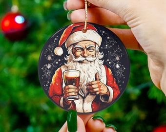 Happy Santa with xmas Drink Scene 3" Ceramic Ornament, Cookies and Beer, Retro Xmas, Christmas Ornament Bestseller, Santa needs a beer, gift