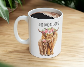 Guter Moooorning! 11 Unzen Keramiktasse - Highland Adorable Baby Mom Highland Kuhbecher - Perfekt für Koffeinliebhaber Kuhbecher, Niedlichkeitsüberlastungbecher