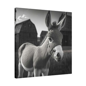 Baby Donkey Digital Art - Matte Canvas, Stretched, 0.75&quot; Farm Animal Poster for Nursery Room, Kids Farmhouse Decor, baby Donkey, AI, BW