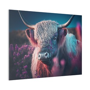 Colorful Highland Cow in a Pasture with Pink Flowers Matte Canvas, Stretched, 0.75&quot;, highland cow art, highland cow print, AI, highland cow