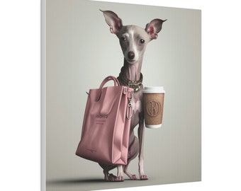 Italian Greyhound Digital Art - Matte Canvas, Stretched, 0.75", iggy, coffee, purse, AI