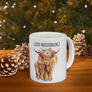Good Moooorning! 11oz Ceramic Mug - Highland Adorable Baby Mom Highland Cow Mug - Perfect for Caffeine Lovers Cow Mug, cuteness overload mug