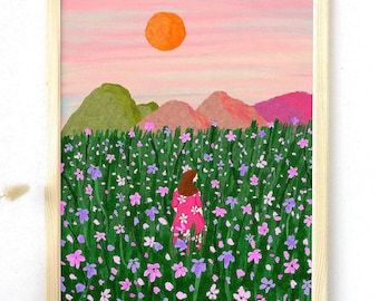Wildflower Meadow Art Print: Cottagecore Sunset Landscape