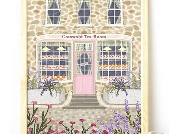 Grafika artystyczna z herbaciarni w Cotswold: Fantazyjna ilustracja angielskiej piekarni
