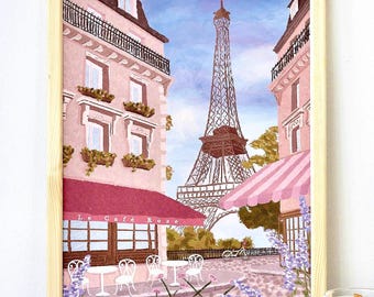 Lámina artística de la Torre Eiffel de París: Ilustración de un café francés en tonos pastel.