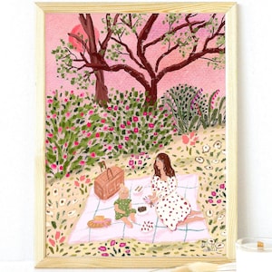 Mother and Child Cottagecore Print: Summer Garden Picnic Art image 1