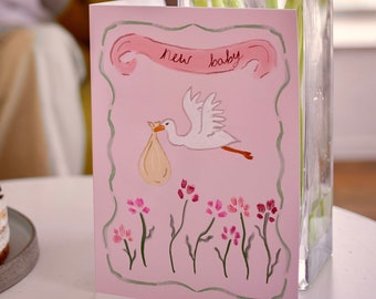 Vintage Stork New Baby Card: Floral Congratulations (5x7 inch)