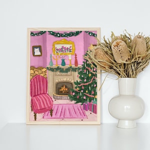 Impression confortable de salon de Noël, affiche de maison de Noël, art mural d’arbre de Noël, impression d’art de Noël vibrante, impression de maison de Noël rose
