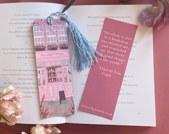 Hübsches Café Lesezeichen, kleine Dinge Café Lesezeichen, rosa Lesezeichen, Book Shop Zitat, benutzerdefinierte Quaste Lesezeichen, Geschenk für Leser, Bücherwurm Geschenk