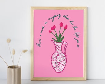 Impresión Kintsugi, así es como se imprime la luz, cita de Leonard Cohen, cartel de jarrón floral rosa, arte de pared rosa, impresión de cita positiva