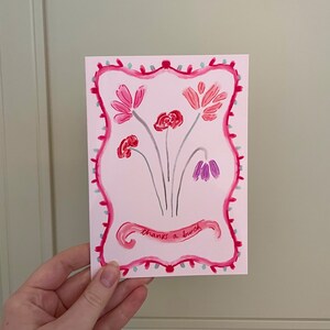 Une carte de remerciements 5 x 7 pouces, carte de voeux de remerciement, carte de voeux florale, carte de bouquet de fleurs roses, carte de remerciement délicate vintage