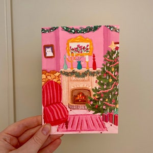 Carte scène de Noël 5 x 7 pouces, carte de Noël, carte de voeux de Noël rose pour salon, carte de sapin de Noël vibrant, carte de Noël cheminée