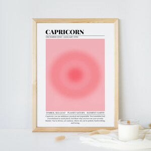 Capricorn Zodiac Print, Pink Aura Gradient Background Astrology Print, Wall Gallery Art, Preppy Decor, Horoscope Art Poster, Birthday Gift
