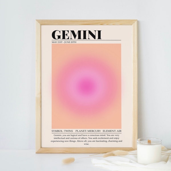 Gemini Zodiac Print, Aura Gradient Background Astrology Print, Wall Gallery Art, Celestial Print, Horoscope Art, Gemini Birthday Gift