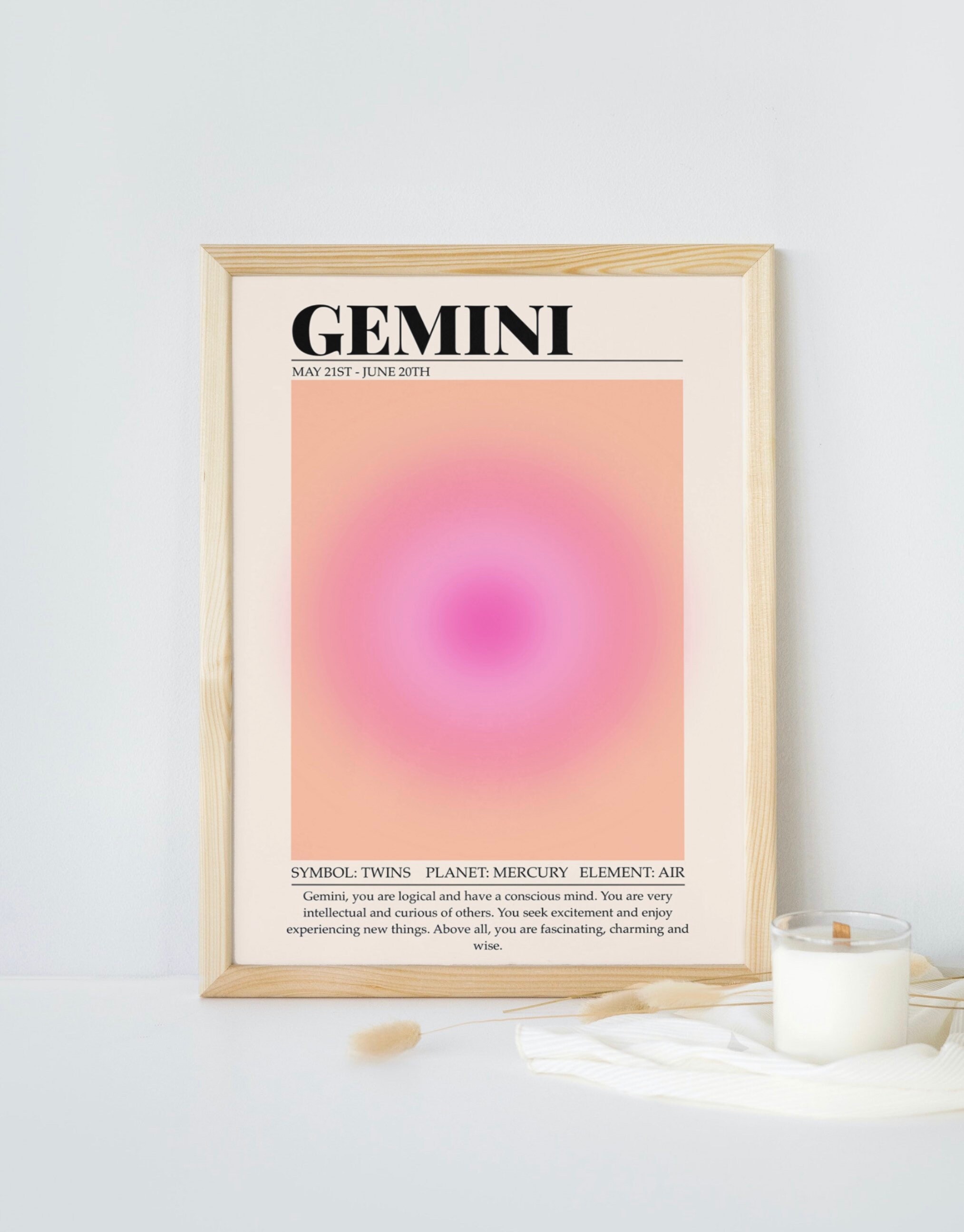 Gemini Zodiac Print, Aura Gradient Background Astrology Print, Wall Gallery Art, Celestial Print, Horoscope Art, Gemini Birthday Gift