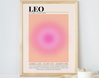 Leo Zodiac Print, Aura Gradient Background Astrology Print, Wall Gallery Art, Celestial Print, Horoscope Art, Leo Wall Art, Birthday Gift