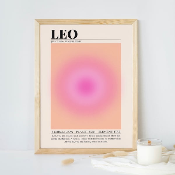 Leo Zodiac Print, Aura Gradient Background Astrology Print, Wall Gallery Art, Celestial Print, Horoscope Art, Leo Wall Art, Birthday Gift