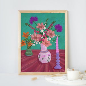 Impresión de jarrón floral, arte de pared de flor rosa, impresión de arte vibrante, cartel botánico, pared de la galería, flores de primavera