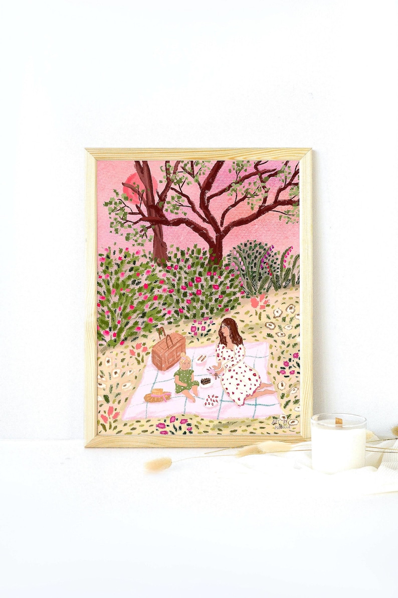 Mother and Child Cottagecore Print: Summer Garden Picnic Art image 1
