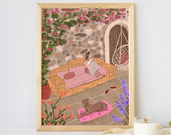 Woman And Dog Print, Whippet Art, Cottagecore Print, Whimsical Illustration, Summer Garden Print, Courtyard Print, Floral Print, Home Decor