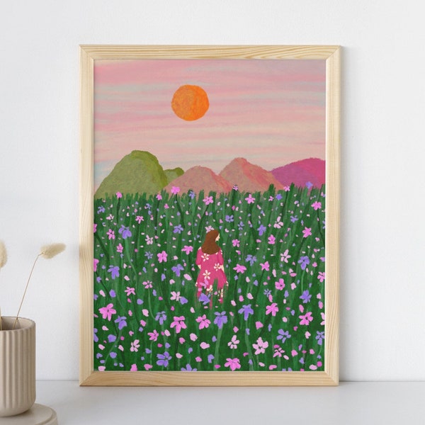 Wildflower Meadow Print, Colourful Floral Art, Woman Poster, Botanical Print, Cottagecore Gallery, Sunset Impressionism Wall Art, A5 A4 A3