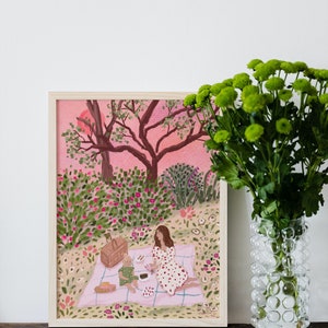 Mother and Child Cottagecore Print: Summer Garden Picnic Art image 6