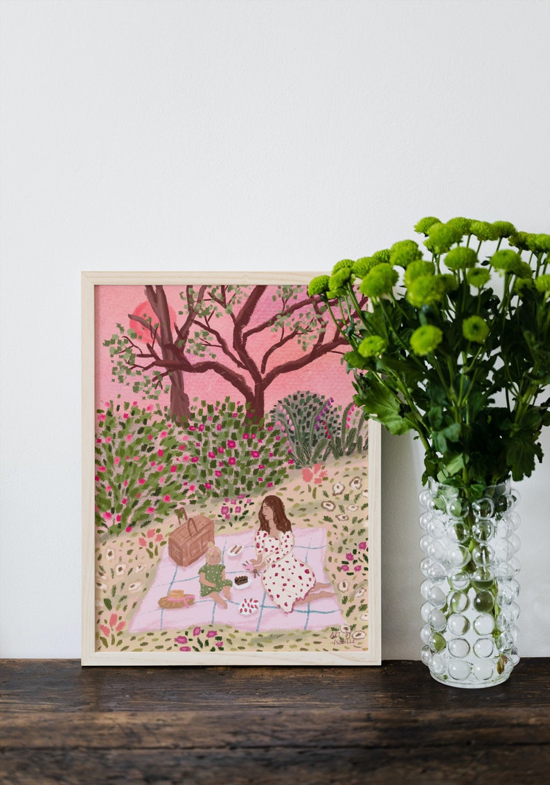 Mother and Child Cottagecore Print: Summer Garden Picnic Art image 6