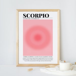 Scorpio Zodiac Print, Pink Aura Gradient Background Astrology Print, Wall Gallery Art, Preppy Decor, Horoscope Art Poster, Birthday Gift